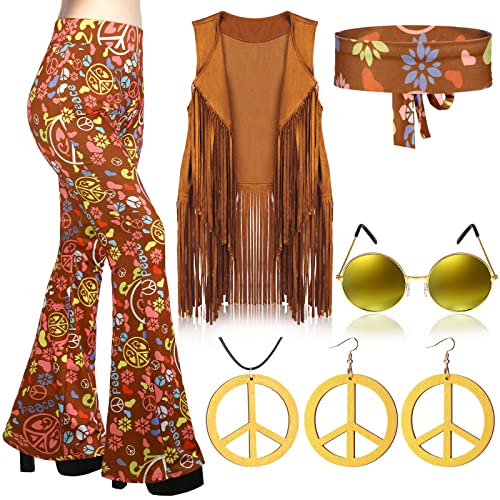 Haull 7-teiliges Hippie-Kostüm-Set für Damen, 60er- und 70er-Jahre-Kostüm-Set, Boho, ausgestellte Hose, Fransenweste, Friedenszeichen, Zubehör-Set, Mehrfarbig, XXL von Haull