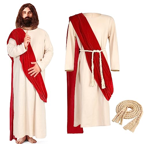 Haull Jesus-Kostüm für Erwachsene, Herren, Jesus, Robe, Kostüm, inklusive Schal, Taillenseil für Ostern, Weiß, Rot, L von Haull