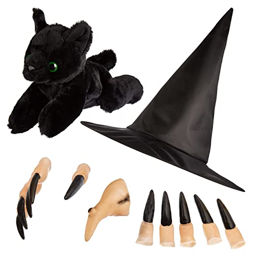 Klassisches Hexenkostüm-Zubehör-Set – komplettieren Sie den Look für Unisex, Frauen und Mädchen jeden Alters – ikonischer Nylon-Hut, krumme Nase, gruselige Finger & schwarze Katze Dress Up & Cosplay Zubehör von Hauntlook