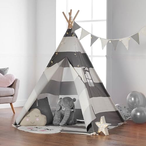 Haus Projekt Tipi Zelt für Kinder mit Lichterkette, Wimpelkette, Aufbewahrungstasche & Bodenmatte – Tipi Kinderzelt, Kinderzimmer Spielzelt 100% Baumwoll, drinnen/draußen, 160cm hoch von Haus Projekt