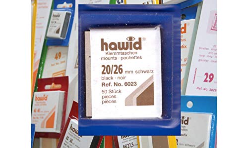 Hawid Letzte Original Zuschnitte, 50 Stück, glasklar oder schwarz, 58 Verschiedene Größen in den gebräuchlichen Briefmarkenformaten zur Auswahl (20 x 26 mm, schwarz) von Hawid