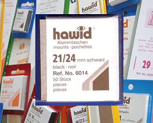 hawid Letzte Original Zuschnitte, 50 Stück, glasklar oder schwarz, 58 Verschiedene Größen in den gebräuchlichen Briefmarkenformaten zur Auswahl (21 x 24 mm, schwarz) von hawid