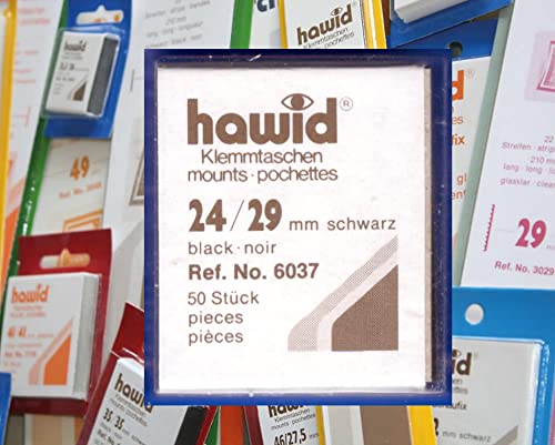 hawid Letzte Original Zuschnitte, 50 Stück, glasklar oder schwarz, 58 Verschiedene Größen in den gebräuchlichen Briefmarkenformaten zur Auswahl (24 x 29 mm, schwarz) von hawid