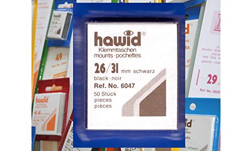 hawid Letzte Original Zuschnitte, 50 Stück, glasklar oder schwarz, 58 Verschiedene Größen in den gebräuchlichen Briefmarkenformaten zur Auswahl (26 x 31 mm, schwarz) von hawid