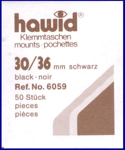 hawid Letzte Original Zuschnitte, 50 Stück, glasklar oder schwarz, 58 Verschiedene Größen in den gebräuchlichen Briefmarkenformaten zur Auswahl (30 x 36 mm, schwarz) von hawid