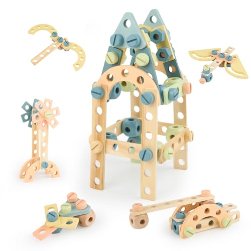 Hawthyhome Holz Konstruktionsspielzeug, Holz Muttern und Schrauben Spielzeugset 56 Pcs, Holzgebäude Spielzeug für Kinder, Konstruktionsset Holzspielzeug Bauwerkzeuge für Junge und Mädchenab 3 Jahre von Hawthyhome