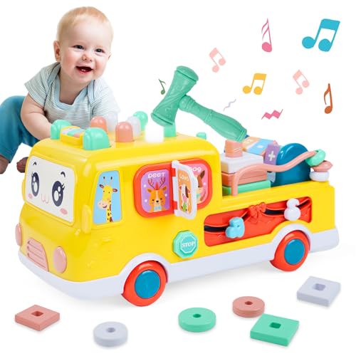 Hawthyhome Musikalische Spielzeuge für Babies, Baby Spielzeug ab 18 Monate, Spielzeugauto mit Musik und Spielzeughammer, Musikalischer Bus Kinderspielzeug, aufleuchtender Taste, Gelb von Hawthyhome