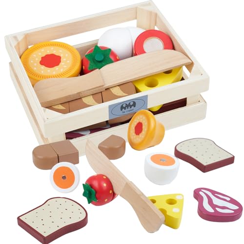 Hawthyhome Kinderküche Spielküche Zubehör aus Holz, Küchenspielzeug Schneiden Obst Lebensmittel Holz mit Klett-Verbindung für Kinder, Holzspielzeug Lernspielzeug Rollenspiele Geschenk, Cake Tool Set von Hawthyhome