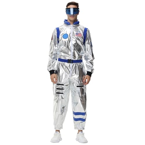 Herren Astronaut Raumfahrer Kostüm Space Kostüm Rollenspiel für Halloween Cosplay Karneval Fasching für Erwachsene Weiß Silber Astronaut Kostüm Erwachsene Herren Astronaut Kostüm von Haxkaikou