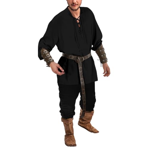 Herren Mittelalterliche Kleidung Renaissance Kostüm Set Mittelalter Hemd Viking Kostüm Schnürhemd Viking Cosplay Sets Piratenkleidung mit Hose Gürtel Handgelenkgurt Zubehör von Haxkaikou
