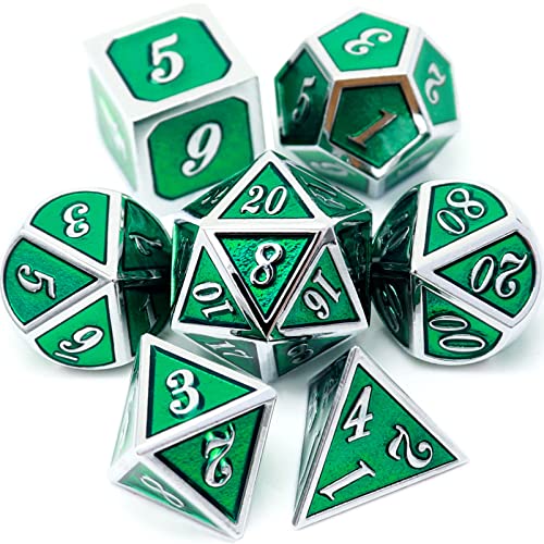 Haxtec 7 Die Metall DND Würfel Set Green Elven Goblin D&D Würfel Set für Dungeons and Dragons RPG Gaming-Silber Smaragdgrüne Elfen Würfel von Haxtec