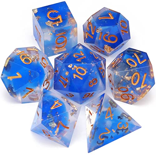 Haxtec Blau DND Würfel Set Sharp Edge Harz Würfel Gold Flocken mit Würfel Fall D&D Würfel für RPG Rollenspiel Spiele Dungeons und Drachen Geschenk Krieg Serie von Haxtec