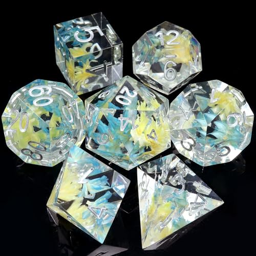 Haxtec Blumen-DND-Würfel-Set, scharfe Kanten, Würfel mit Würfeletui, handgefertigt, blau-gelbes Harz, D&D-Würfel-Set für TTRPGs Dungeons and Dragons Geschenke von Haxtec