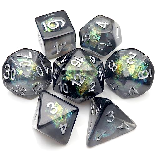 Haxtec DND-Würfel-Set, 7-teilig, Kunstharz, schwarz mit schillerndem Mylar-Einschluss, polyedrische D&D-Würfel für Rollenspiele, Würfelspiele als Dungeons and Dragons, 16mm von Haxtec