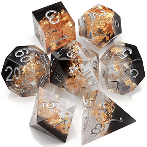 Haxtec DND Würfel Set Sharp Edge Harz Würfel Gold Flocken mit Würfel Fall Schwarz Weiß D&D Würfel für RPG Rollenspiel Spiele Dungeons und Drachen Geschenk Krieg Serie von Haxtec