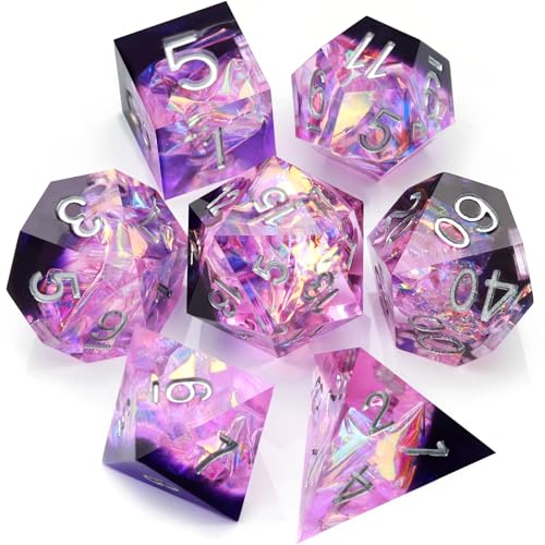 Haxtec DND Würfel Set Sharp Edge Harz Würfel Iridence Inklusion mit Würfel Fall Lila D&D Würfel für RPG Rollenspiel Spiele Dungeons und Drachen Geschenk Galaxy Serie von Haxtec