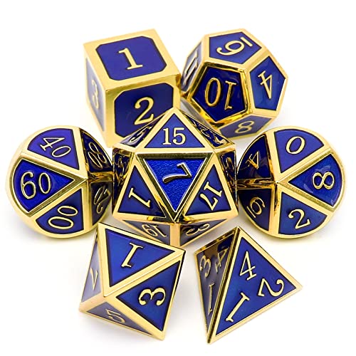 Haxtec Metall DND Würfel Set 7 Die Gold Blue Metall D&D Würfel für Dungeons and Dragons Spiele-Glossy Emaille Würfel (Gold Blue) von Haxtec