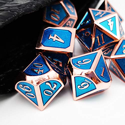 Haxtec Metall DND Würfel Set Schwere D&D Würfel für Dungeons und Drachen Pathfinder Rollenspiel Tischspiele-Emaille Würfel Kupfer Blau von Haxtec