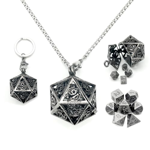 Haxtec Mini Metal DND Dice Set with Antique Iron Hollow D20 Necklace Dice Case Antique Tiny Metal Dice Set D&D Keychain Portable 7PCS Dice Set von Haxtec