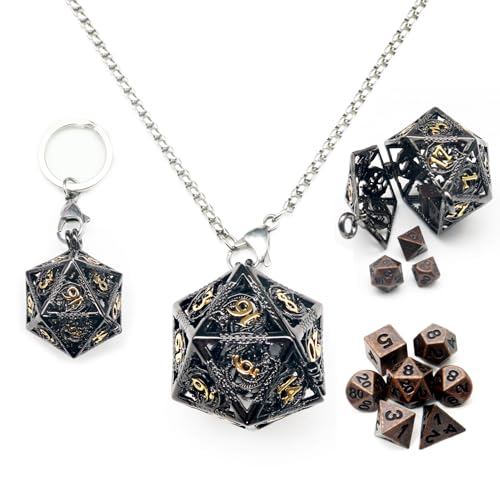 Haxtec Mini Dice Metall DND DICE Set mit schwarzem Gold Hohlhöhle D20 Halskette Dice Hülle Antike winzige Kupfermetallwürfel Set D & D Keychain Tragbares 7pcs Würfelsatz Set von Haxtec