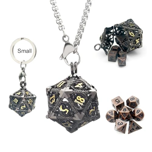 Haxtec Mini Metal DND Dice Set with Hollow Necklace Dice Case Antique Tiny Metal Dice Set D&D Keychain Portable 7PCS Dice Set von Haxtec