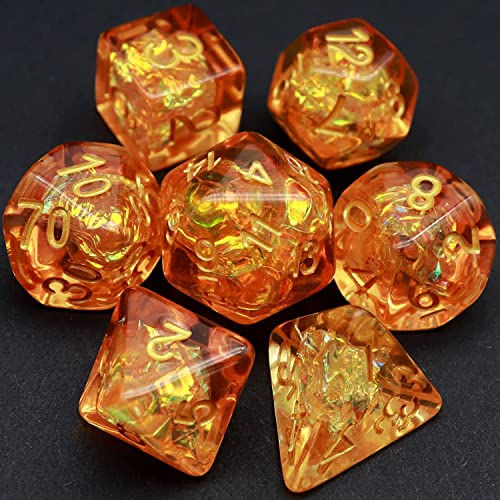 Haxtec Orange DND Würfel Set RPG Fall Gefüllte Harz Polyeder D&D Drachenwürfel W/Irisierende Mylar Inklusion für Rollenspiele Dungeons und Drachen Geschenk von Haxtec