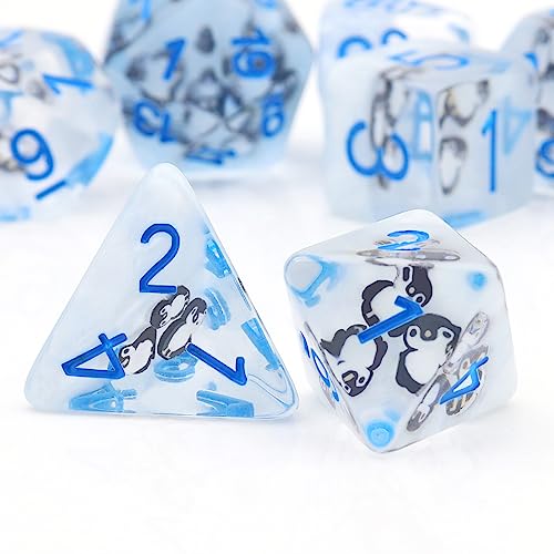 Haxtec Pinguin-DND-Würfel-Set, 7-teilig, gefülltes Harz, blau und weiß, polyedrische D&D-Würfel mit Tiereinschlüssen, Rollenspielwürfel, Dungeons and Dragons, Geschenk von Haxtec