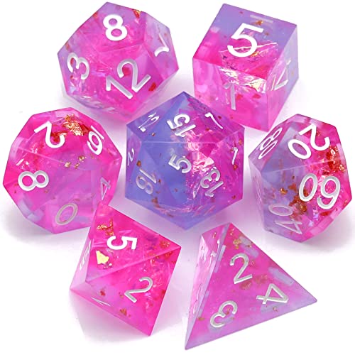 Haxtec Sharp Edge DND Würfel Set Rosa Lila Blau Harz Würfel Iridence Inklusion mit Würfel Fall D&D Würfel für RPG Rollenspiel Spiele Dungeons und Drachen Geschenk von Haxtec