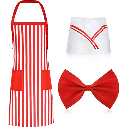 3 Stück 1950er Jahre Erwachsene Kellner Kostüm Kit Soda Jerk Kostüm Rot und Weiß Gestreifte Schürze Verstellbare Latzschürzen mit 2 Taschen Kochmütze Verstellbare Rote Fliege für Halloween Cosplay von Haysandy