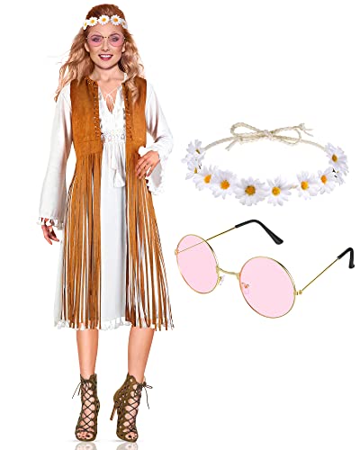 4-teiliges 70er-Jahre-Hippie-Kostüm-Zubehör-Set enthält lose Strandkleid-Quasten, Weste, Blumenkrone, Stirnband und Hippie-Sonnenbrille (XL) von Haysandy