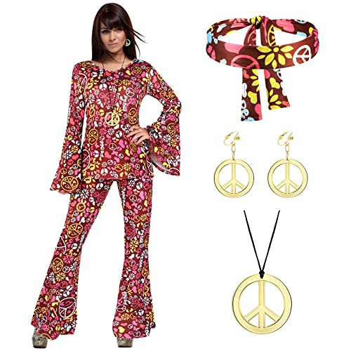 5 Stück 70er Jahre Frauen Hippie Kostüm Set Glocke unten Boho Schlaghose Hippie Shirt mit Friedenszeichen Ohrring Halskette Stirnband (2XL) von Haysandy