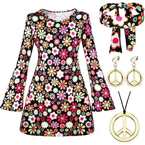 Frauen Hippie Kostüm Halloween Party Disco 70er Jahre Tanz Kostüm Set Peace Sign Ohrring Halskette Stirnband Kleid (Medium) von Haysandy