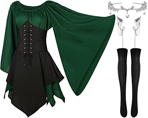 Haysandy Elfenkostüm für Damen, Renaissance, traditionelles irisches Kleid, Feenohren für Halloween, Cosplay, 4 Stück, Grün / Schwarz, M von Haysandy