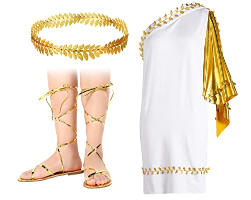 Roman Toga Frauen Römisches Kostüm Set mit Blatt Krone Kopfschmuck Römischer Lorbeer Erwachsene Sandalen für griechische Göttin Frauen Halloween (Medium), Mehrfarbig, Medium von Haysandy