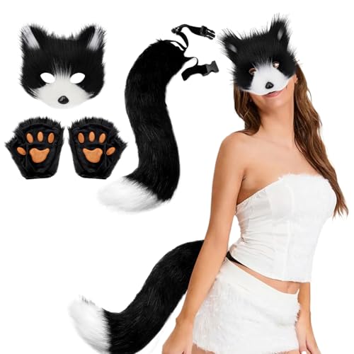 3 teiliges Therian Ausrüstungsset, Halloween Therian Maske und Schwanz, Handschuhset, schwarz weiße Halbgesichts Fuchsmaske mit Verstellbarer Schnalle, Pelzschwanz für Halloween, Cosplay, Katzenm von Hbbgdiy