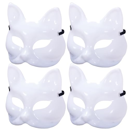 4 teilige Katzenmaske DIY blanke bemalbare Halloween Fuchsmaske halbes Gesicht unvollendete weiße Therian Maske mit Gummiband für Cosplay Maskerade Party Katzenmaske Halloween Maske weiße Maske F von Hbbgdiy