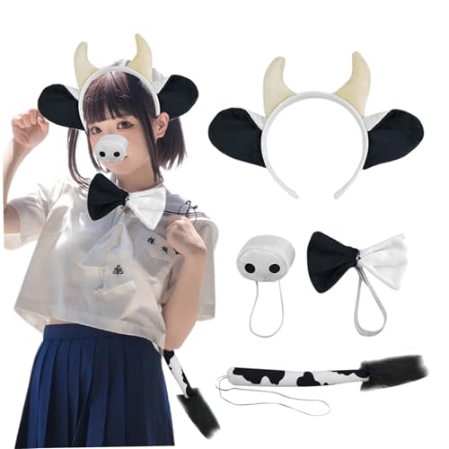 4 teiliges Kuhkostüm Set in Einheitsgröße Halloween Kostüme inklusive Kuhohren Stirnband Fliege langem Schwanz Kuhnase Tierkostüm Set für Halloween Cosplay Verkleidungsparty Kuhkostüm Kuhstirnban von Hbbgdiy