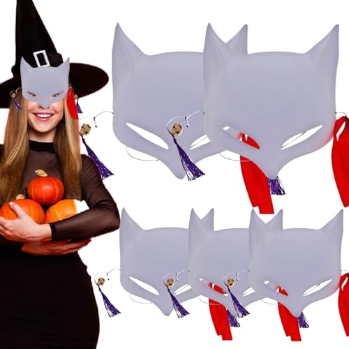 5pcs Fox Mask Japanische Kabuki Halloween -Maske 7,5x6.7 Halbgesicht Therian Mask mit Quasten und elastische Band White Cosplay Mask für Halloween Cosplay Masquerade Party von Hbbgdiy