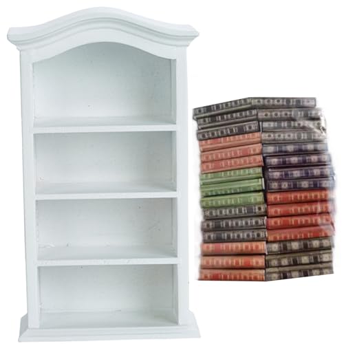 Dollhouse Bookshelf Mini Bücherregal mit 30 Büchern Holz Miniatur Bücherregal 4 Stock Puppenhaus-Bücherregal aus Holz mit 30 Büchern als Dekoration von Hbbgdiy