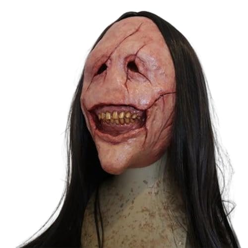 Hbbgdiy Beängstigende Masken für Erwachsene, grinsen lächelnd rote Narbengesichtsmaske mit schwarzem langem Haar Latex Realistisch für Cosplay -Halloween -Kostüme von Hbbgdiy