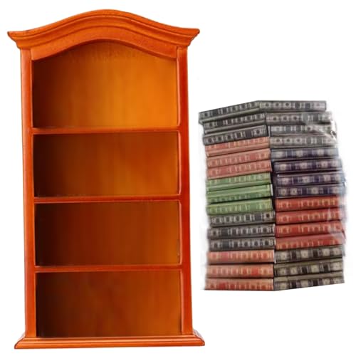 Hbbgdiy Dollhouse Bookshelf Mini Bücherregal mit 30 Büchern Holz Miniatur Bücherregal 4 Etagen Mini -Bücherregal für Dollhouse Möbelzubehör Gelbe von Hbbgdiy