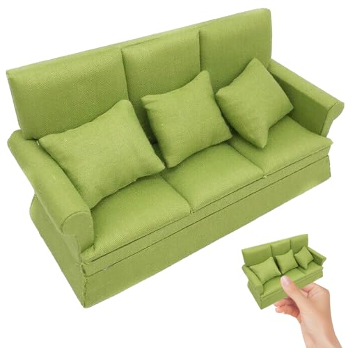 Hbbgdiy Dollhouse Sofa DREI-Personen-Miniatur-Sofa Couch 1/12 Skala Dolls House Möbel mit 3 abnehmbaren Kissen süße Miniatur-Dinge für Puppen Hausmöbelzubehör Grün Grün von Hbbgdiy