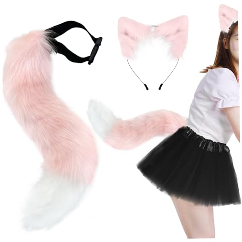 Hbbgdiy Halloween Fuchs Ohren und Schwanzset Simulation Plüsch Flauschiger Fuchs Schwanz und Ohren Kunstpelz Schwanz Therian Ohren Haarband Fuchs Kostümzubehör für Frauen Cosplay Party von Hbbgdiy