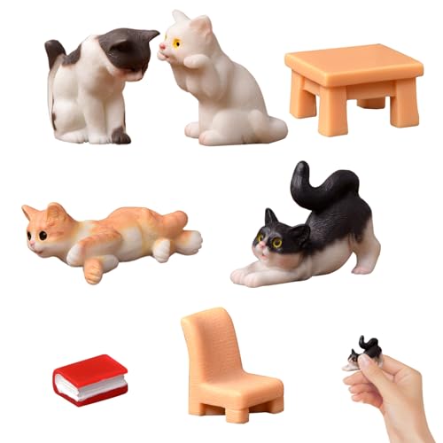 Hbbgdiy Mini -Katzen Miniatur Katzen mit Mini -Buchstuhl Stuhl 7pcs/festgelegtes Harz Realistische Puppenhaus -Katzen Kuchen -Topper für Home Landscape Dekoration Dollhouse Accessoires von Hbbgdiy