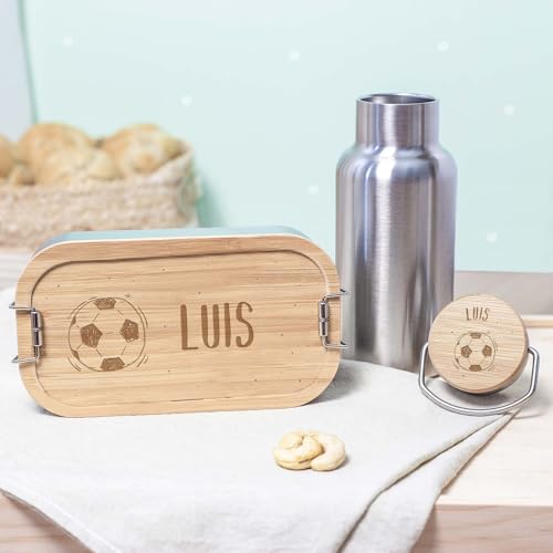 HeLLo mini Lunchbox & Trinkflasche Bambus personalisiert | Geschenk zur Einschulung für Kinder | Isolierflasche Edelstahl & Brotdose mit Namen (Fußball) von HeLLo mini