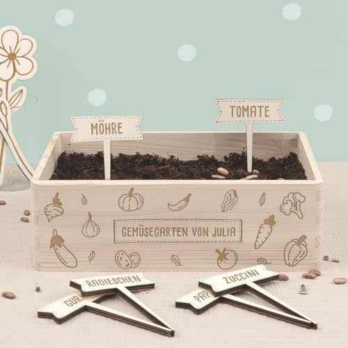 Personalisiertes Saatgut Anzuchtset für Kinder inkl. Samen und Pflanzenstecker mit Wunschgravur, Mini Gärtner Starter Kit, Garten Holzkiste, Gemüsegarten für Kinder (Gemüse, L (40x30x15cm)) von HeLLo mini