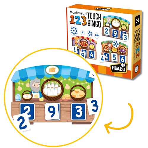 Headu IT21109 Montessori 123 Touch Bingo Lernspiel für Kinder zum Lernen von Zahlen und Mengen, empfohlen für Jungen und Mädchen im Alter von 3 bis 6 Jahren, bunt von Headu