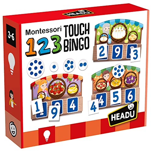 Headu IT21109 Montessori 123 Touch Bingo Lernspiel für Kinder zum Lernen von Zahlen und Mengen, empfohlen für Jungen und Mädchen im Alter von 3 bis 6 Jahren, bunt von Headu