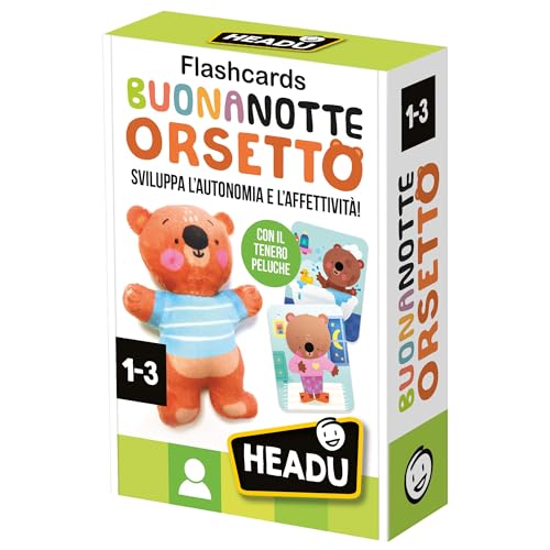 HEADU - Flashcards Gute Nacht Bär, entwickelt Autonomie und Affettivität, EIN Lernspiel für Kinder von 1 bis 3 Jahren, hergestellt in Italien von Headu