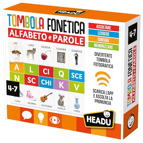 HEADU - Phonetische Tombola Alphabet und Wörter, EIN wirklich lustiges Spiel, EIN Lernspiel für Kinder von 4 bis 7 Jahren, hergestellt in Italien von Headu